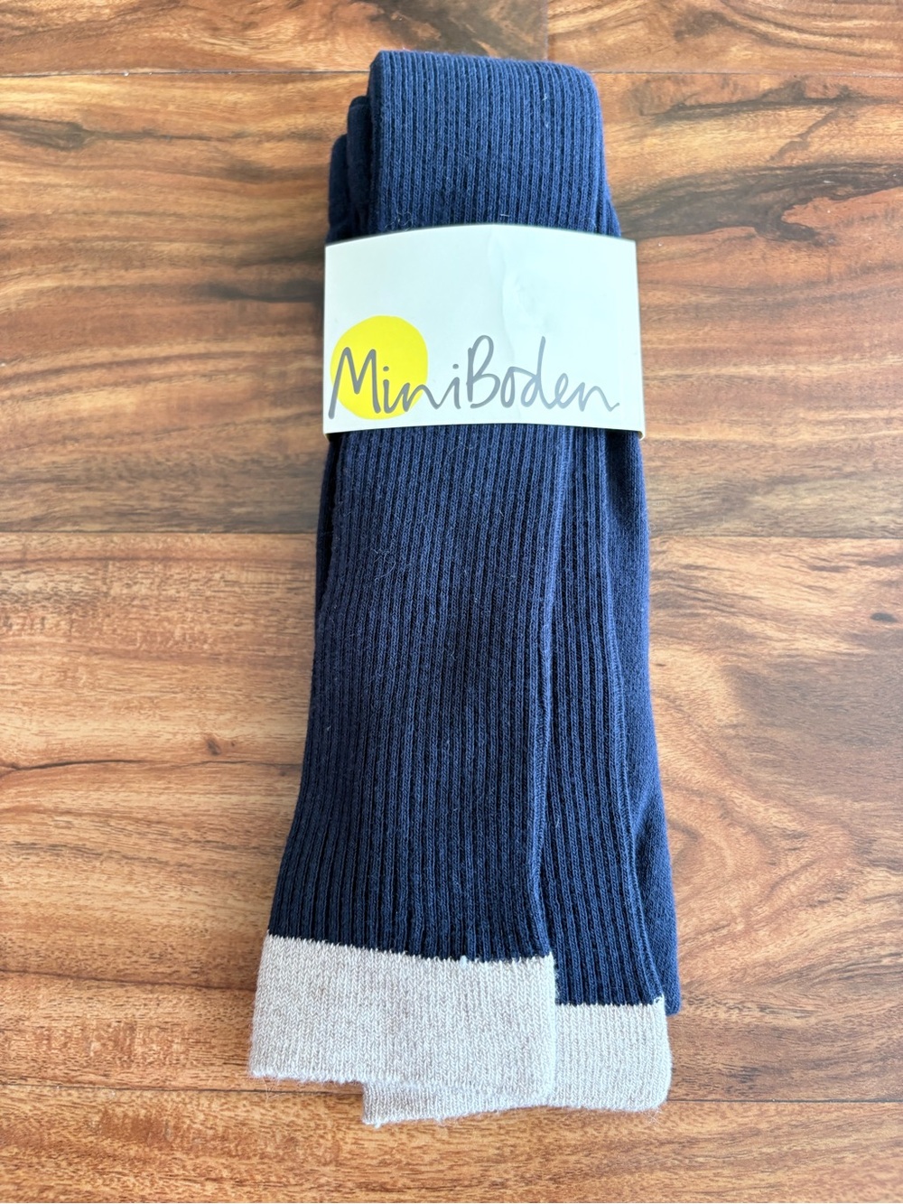 NWT Mini Boden Navy Blue Ribbed Footless Tights Leggings 9 10 Years Gold Trim